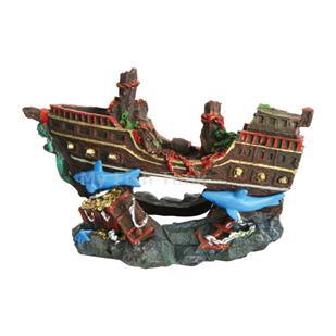 Only sharks are left to explore the inner reaches of this sunken pirate galleon. A sunken treasure chest is the only reminder of past pirate plunders. This beautiful hand-painted ornament attaches to your aquariums air pump for a cool bubbling action.
 5.5&quot;x2.75&quot;x3.25&quot;
