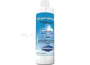 Copper is a powerful tool for treating parasitic infections in fish. Cupramine offers a buffered active copper, not a chelate or citrate for destroying infections like ich safely and quickly. This concentrated solution will not contaminate your filter
 and can be easily removed with standard aquarium carbon. Do not use with invertebrates.
